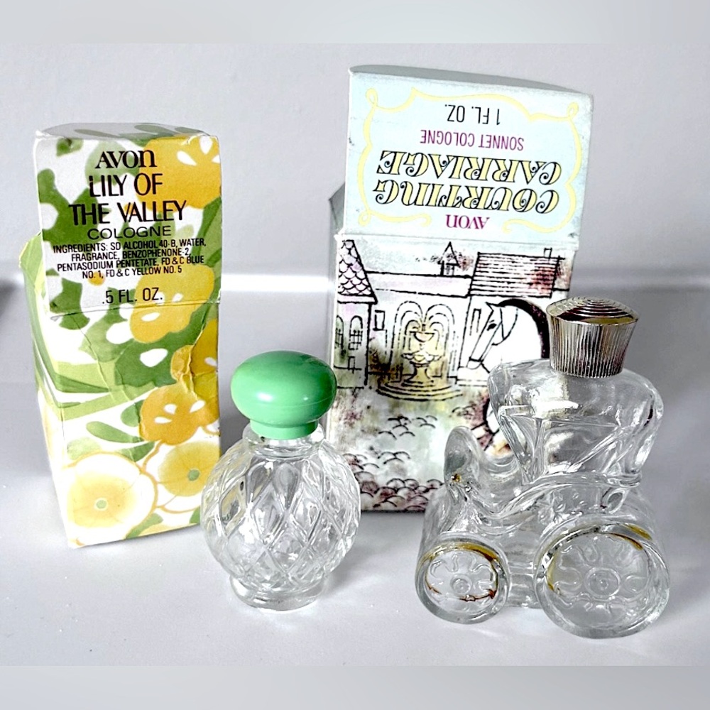 Rare! 1973 Vintage Avon Bottles w/Boxes: Lily of the Valley & Courting Carriage